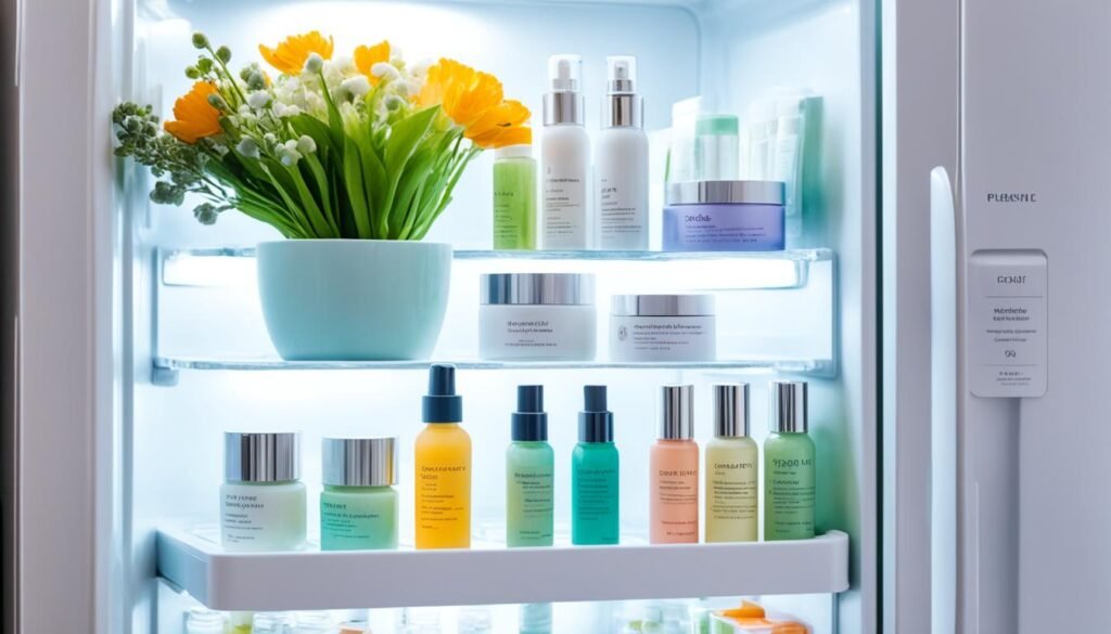 skincare products in fridge