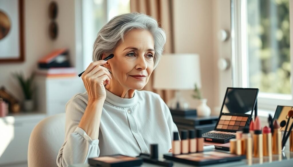 Mature woman applying eyeshadow for a subtle, youthful look