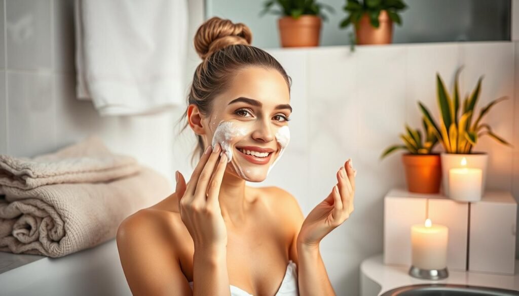 Woman exfoliating her face with a facial scrub