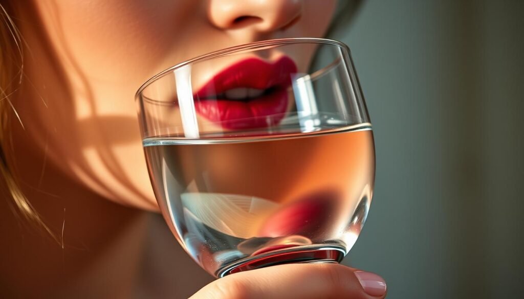 drinking from a glass while wearing lip color